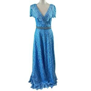 NWT Mac Duggal Blue Lace Ruffled Rhinestone Waist Maxi Gown Formal Prom Size 4